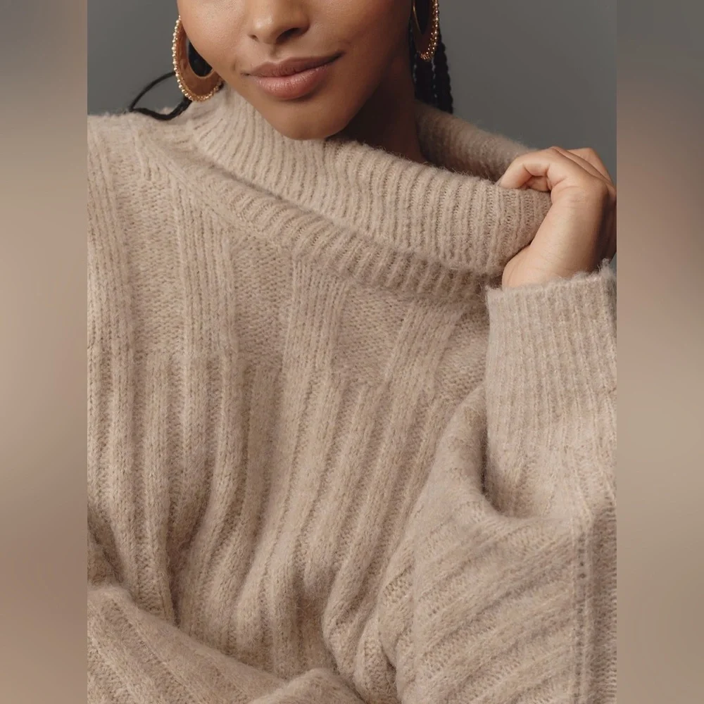 Anthropologie Long sleeve oversized turtleneck belted sweater midi dress, sz XSP - Picture 12 of 13